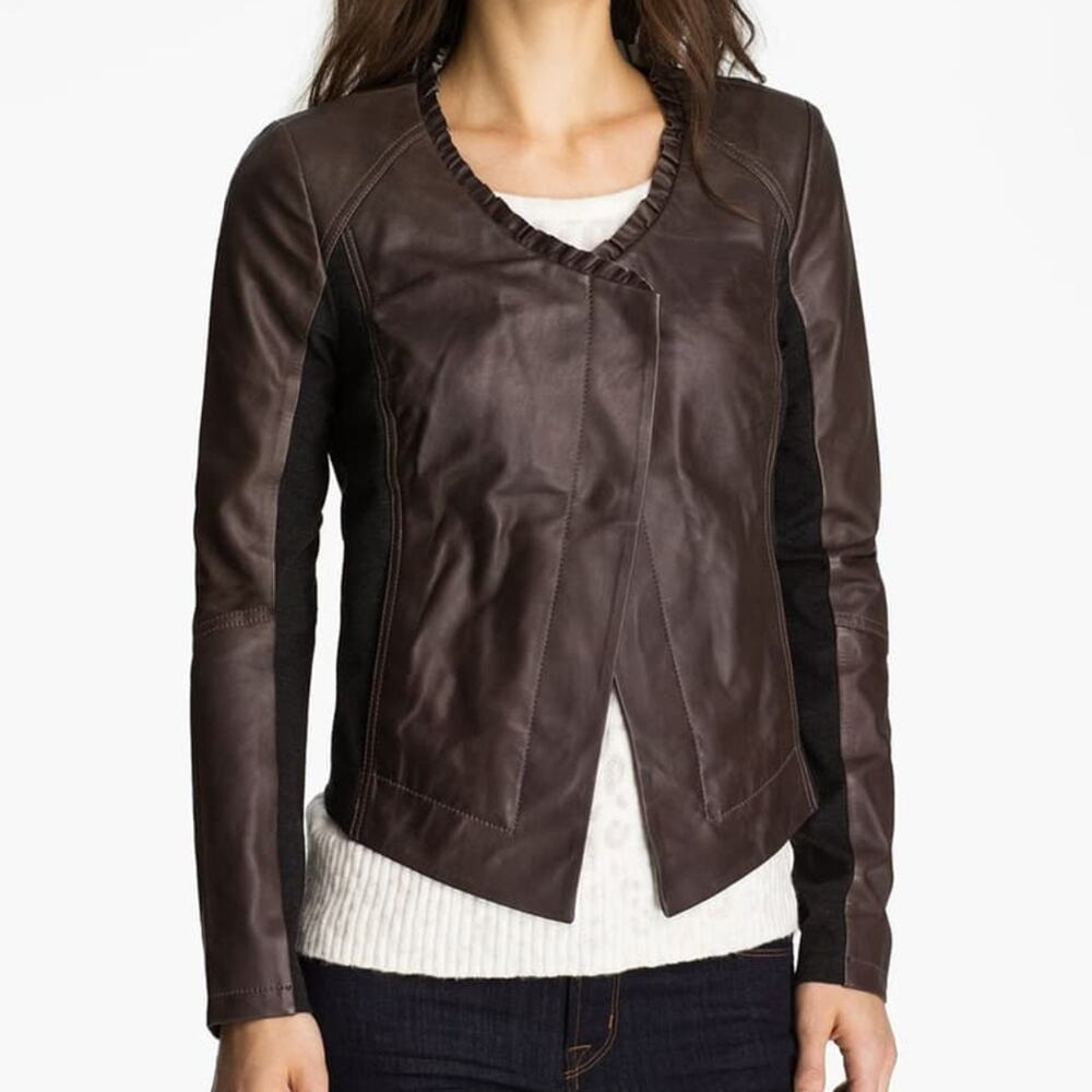 HINGE Ruffle Neck Leather Jacket Small